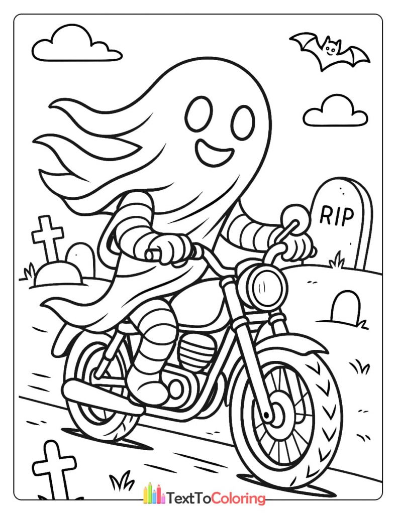 A ghost wearing a mummy-like costume and bandages, riding a motorcycle through a cemetery. A tombstone with 'R.I.P.' is visible.