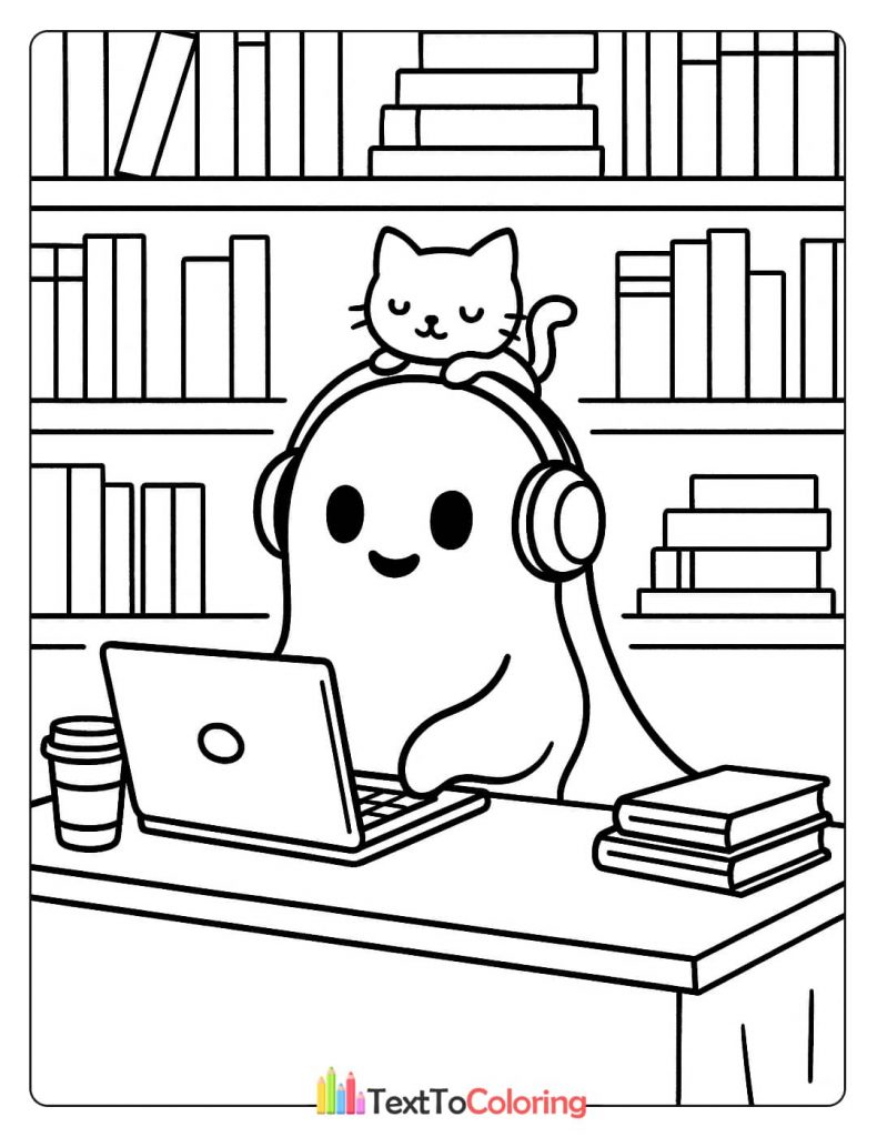 A ghost wearing headphones and a cat sitting on its head, studying on a laptop at a desk with books and a coffee cup.