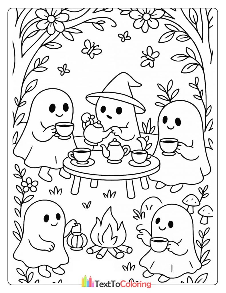 Five ghosts having a tea party under a leafy arch with butterflies. One ghost wears a witch hat and pours tea, while another holds a lantern by a campfire.
