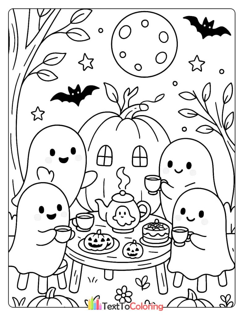 A group of five cute ghosts having a tea party with a teapot and cake, with a pumpkin house in the background.