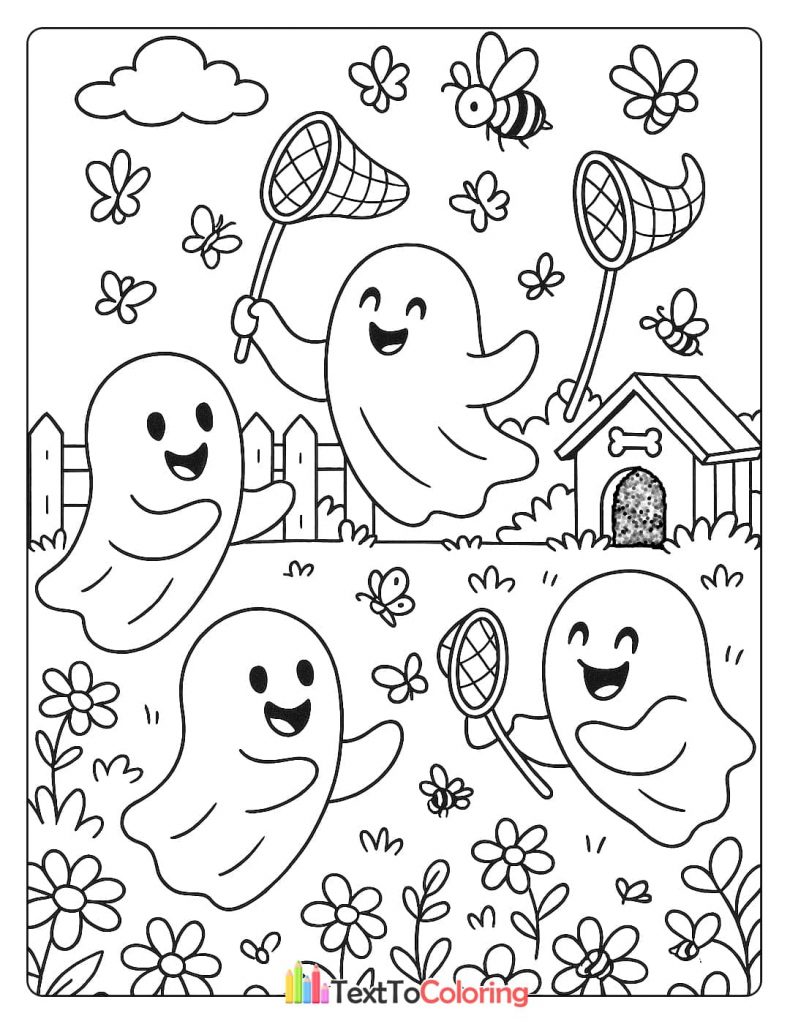 Four ghosts in a grassy field with flowers, catching butterflies with nets. A small bee flies nearby.