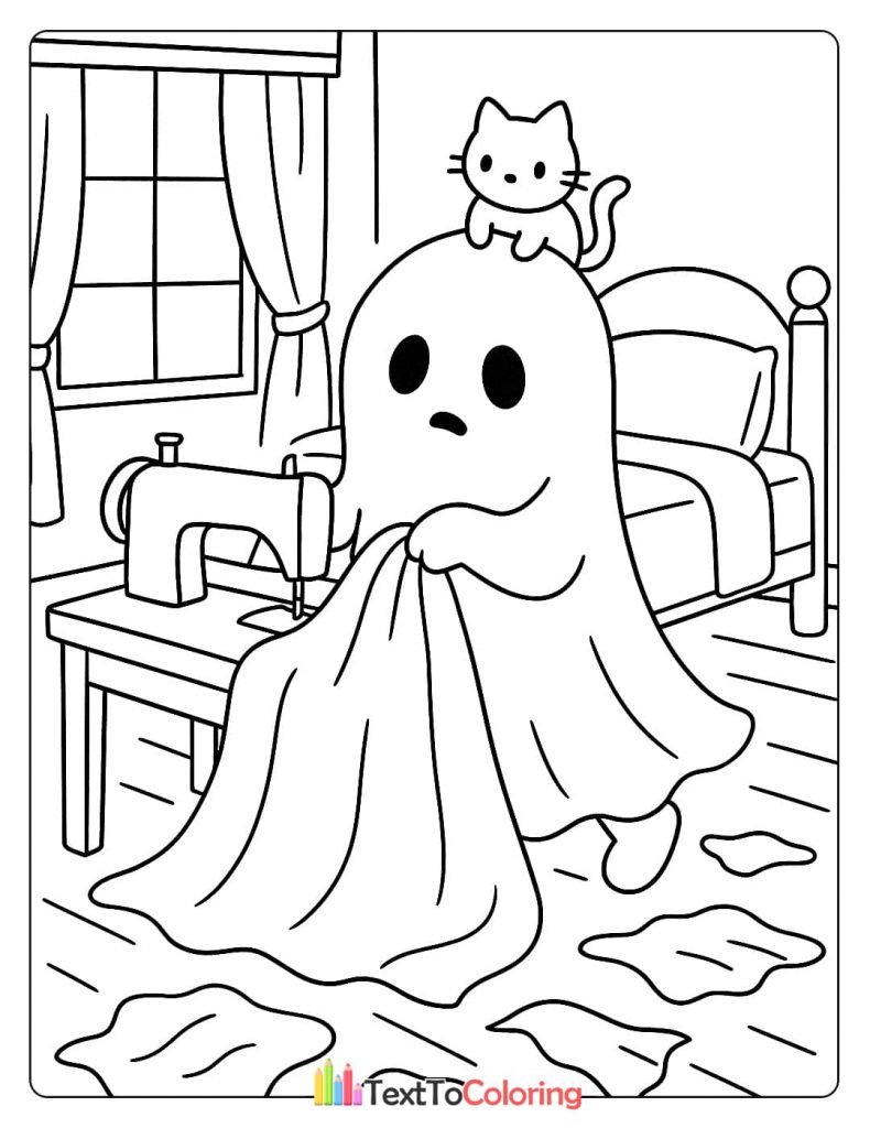 A ghost sewing its own sheet costume on a sewing machine, with a cat sitting on its head.