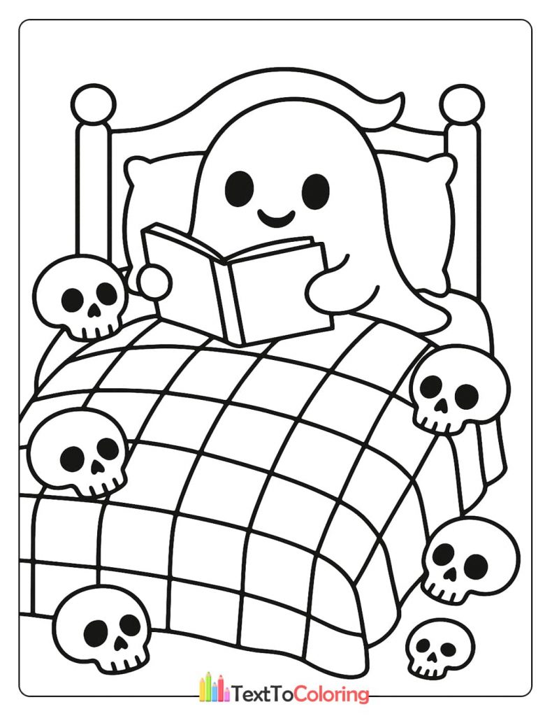 A ghost lying in bed with a checkered blanket, reading a book. Skulls are scattered around the bed.