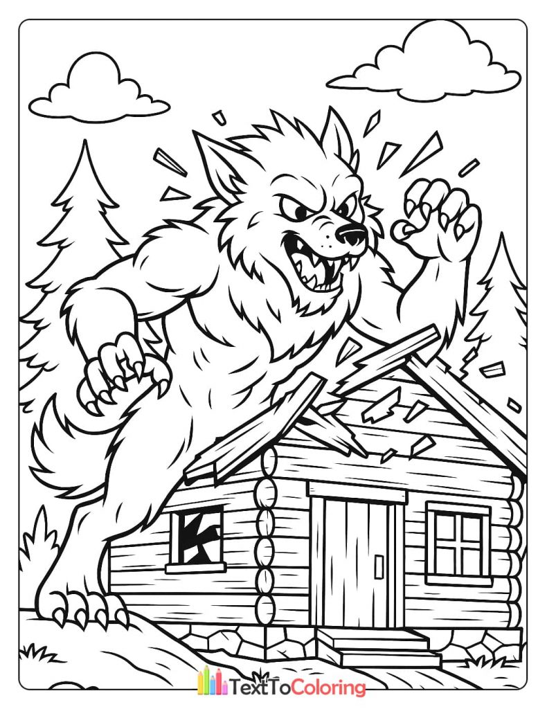 An enormous werewolf breaking through the roof of a small log cabin in a forest.