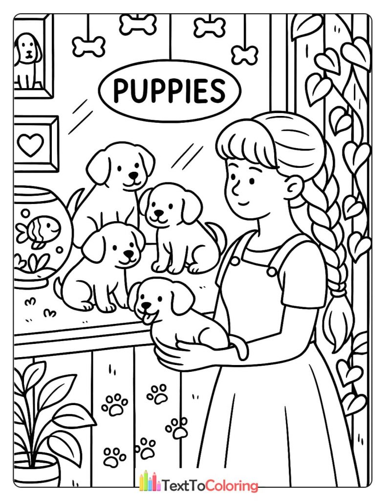 A girl looks at and holds puppies in a pet store window.