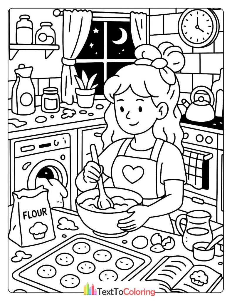A girl bakes cookies in her kitchen at night, mixing dough in a bowl.