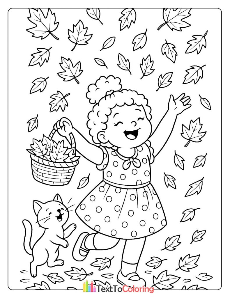 A fun coloring page of a happy girl with a basket of leaves, a cat, and many autumn leaves floating in the air.