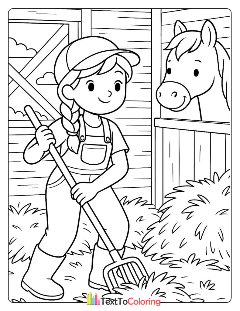 A coloring page of a girl with a pitchfork cleaning a horse stall while a friendly horse peeks out from its stall.