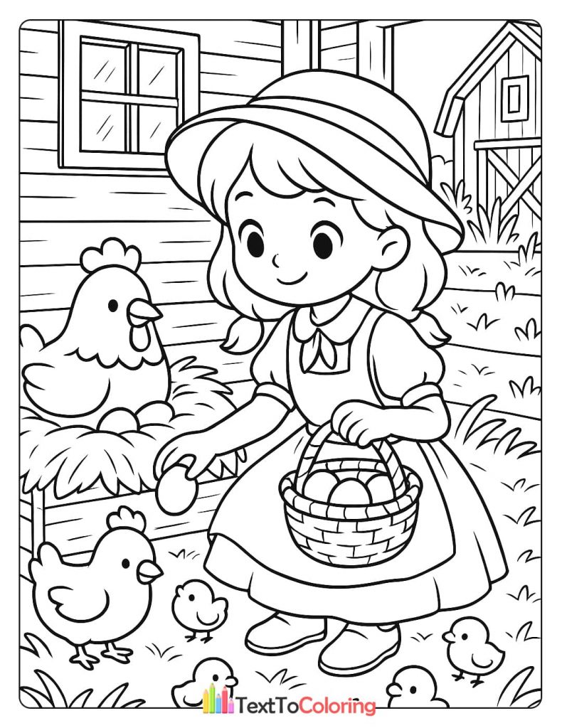 A coloring page of a girl with a hat and a basket, collecting eggs from a chicken coop while a hen and several chicks are nearby.
