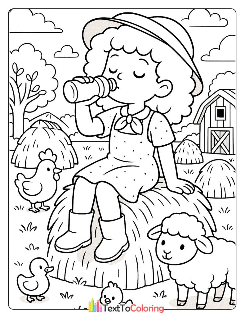 A coloring page of a girl with a hat sitting on a hay bale and drinking a bottle of milk, with a sheep, a chicken, and a duckling beside her.
