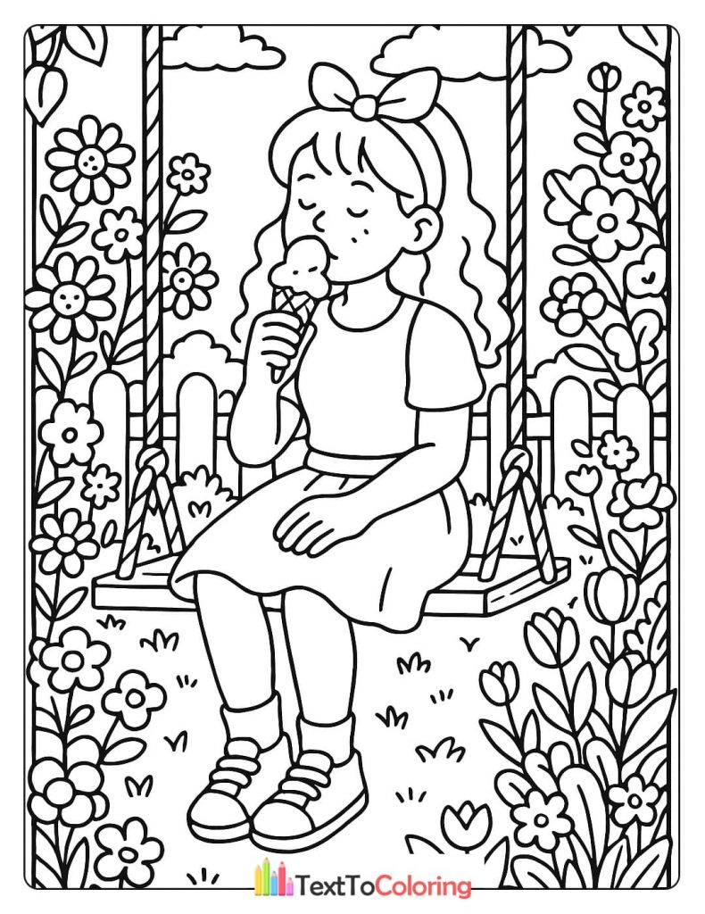 A girl with a bow in her hair eats an ice cream cone while sitting on a garden swing.