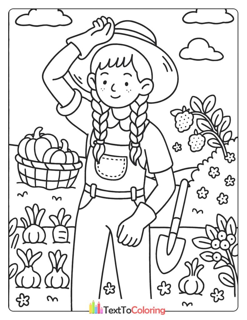 A girl wearing a hat and gloves stands in a garden with plants and a shovel.