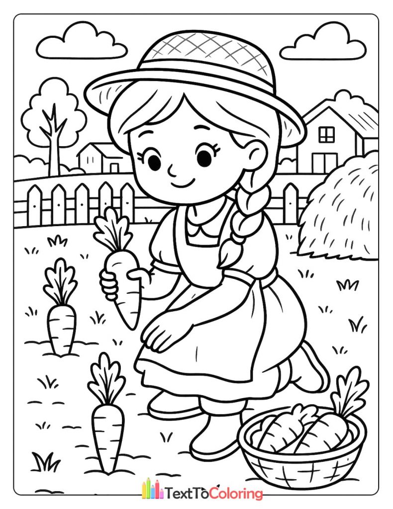 A coloring page of a girl with a hat and braided hair, kneeling in a garden and holding a large carrot, with a basket of carrots next to her.