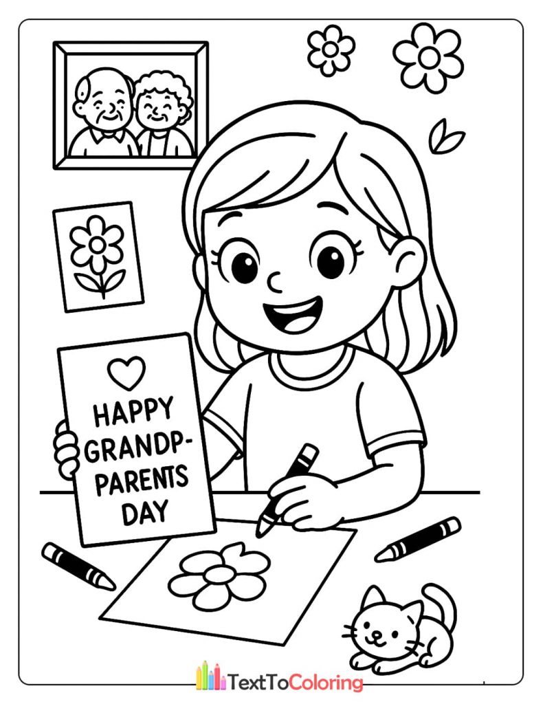 A young girl sitting at a desk and drawing a "Happy Grandparents Day" card with crayons. A creative holiday craft coloring sheet.