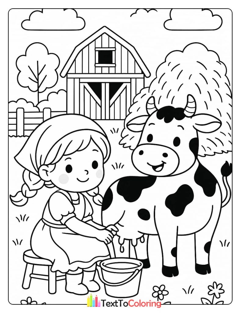 A coloring page showing a girl in a headscarf milking a happy cow into a bucket, with a barn and a fence in the background.