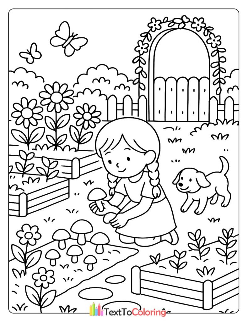 Garden coloring page of a girl with braids and her dog, gathering mushrooms near raised garden beds.
