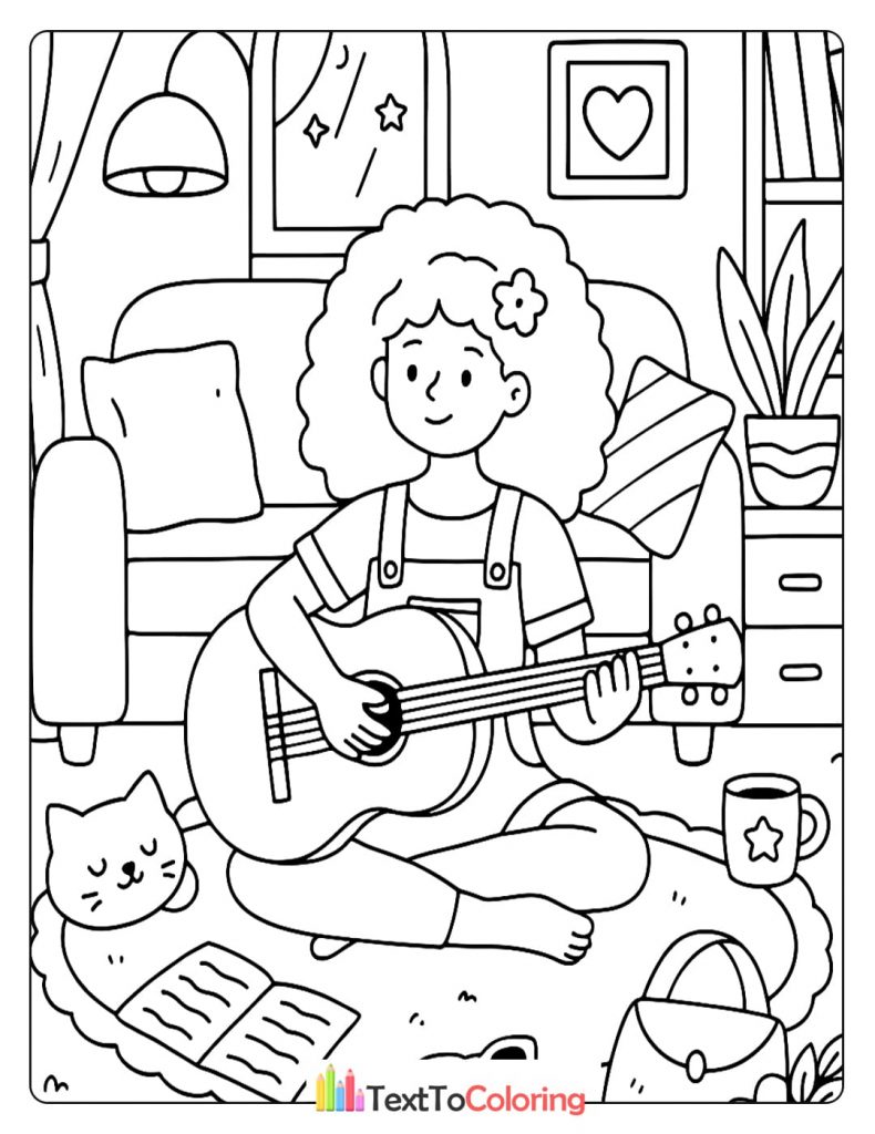 A girl with curly hair plays an acoustic guitar on a rug with her cat nearby.
