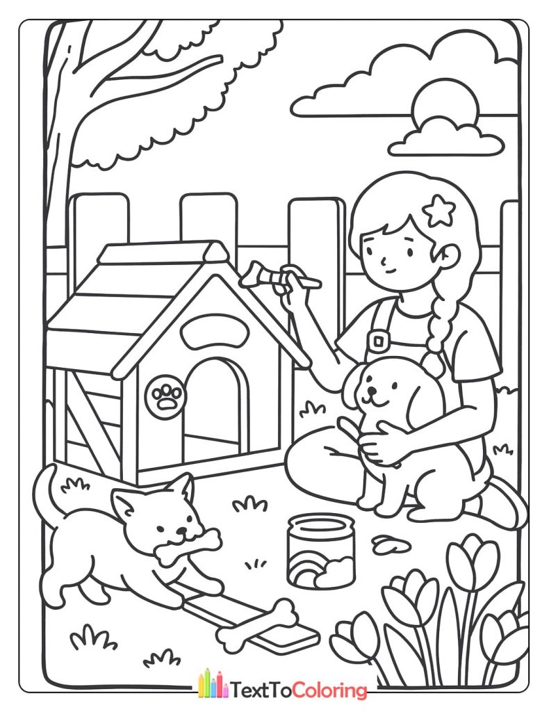 A young girl plays with two puppies in a backyard, near a doghouse.