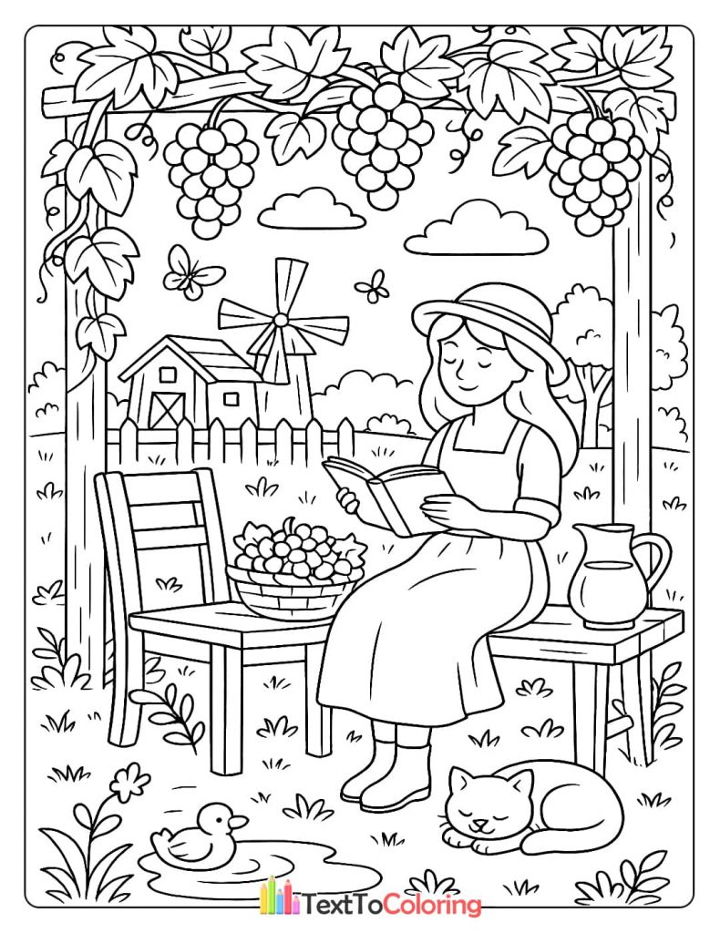 A coloring page of a girl sitting on a bench and reading a book under a trellis of grapes, with a cat and a duck nearby.