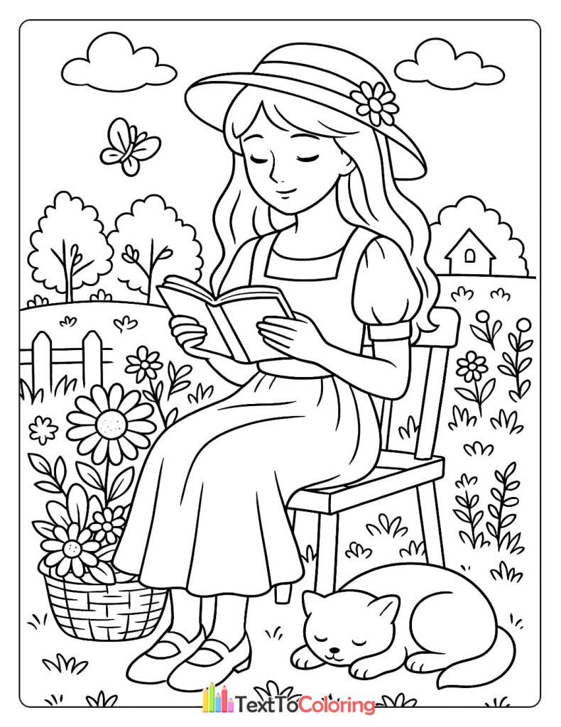 A coloring page of a girl with a hat sitting on a chair and reading a book in a garden with a basket of flowers and a cat sleeping at her feet.