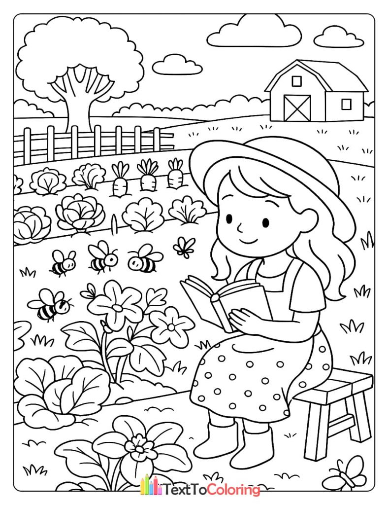 A coloring page of a girl with a hat sitting on a stool and reading a book in a garden with rows of carrots, cabbage, and flowers, with bees buzzing around.