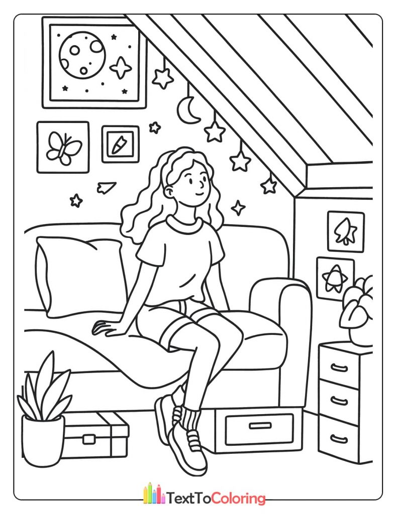 A young woman sits on a couch in a cozy attic room decorated with celestial themes.