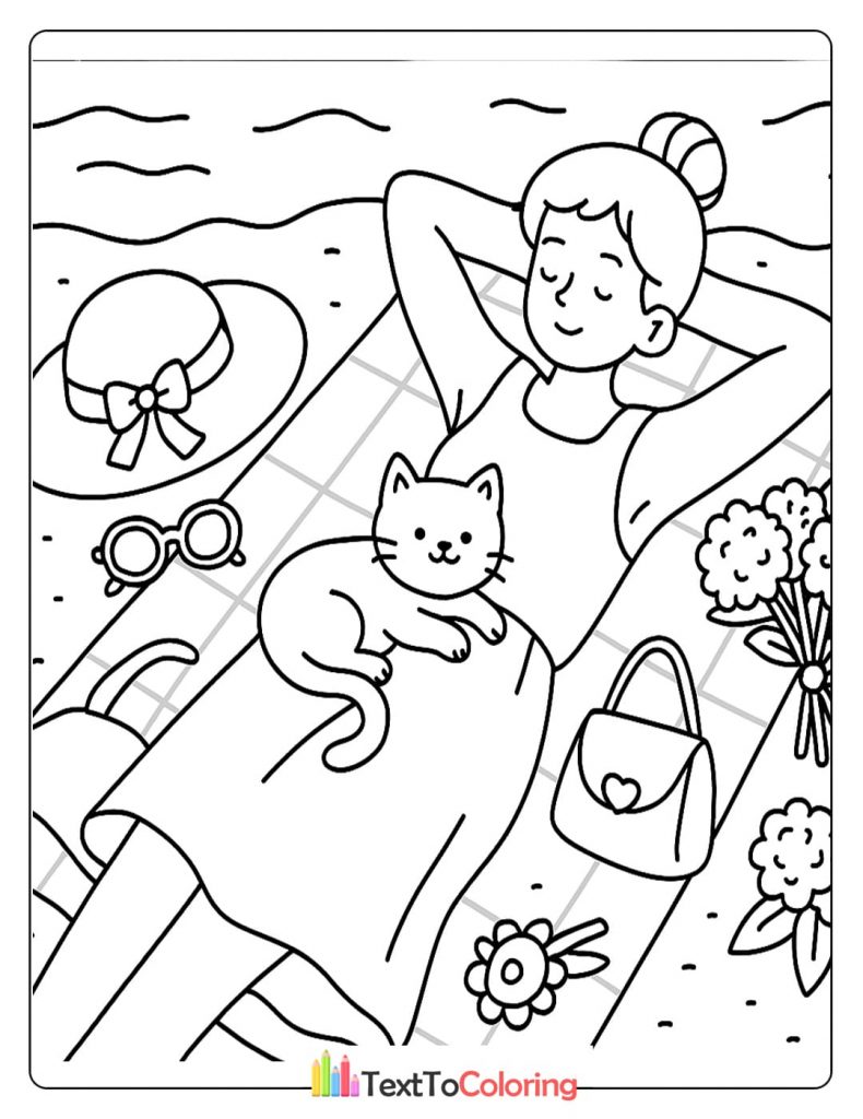 A girl and her cat relax together on a towel at the beach.