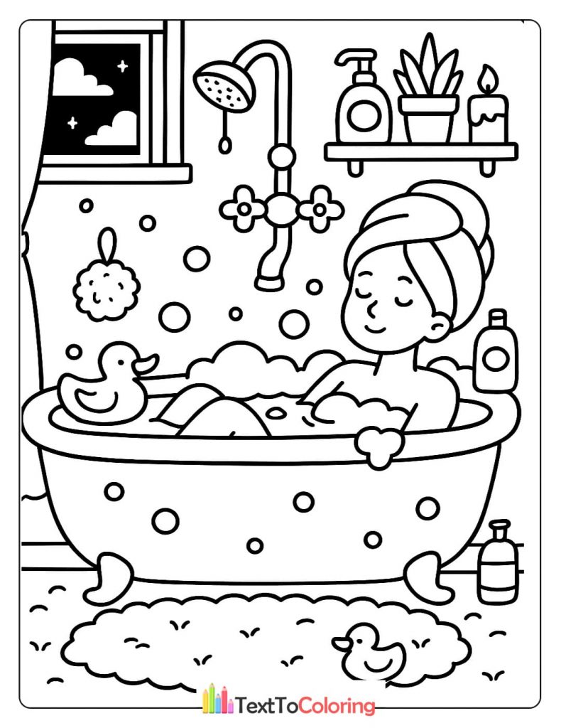 A smiling girl relaxes in a bathtub filled with bubbles and rubber ducks.