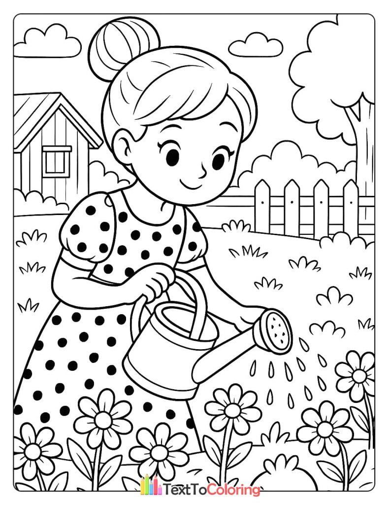 A black and white coloring page of a girl with a watering can, smiling as she waters a garden of flowers with a small shed behind her.