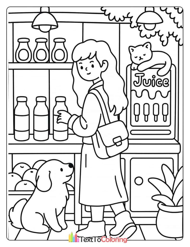 A girl reaching for juice from a refrigerated shelf while a small dog sits by her feet and a cat is sleeping on the juice dispenser.