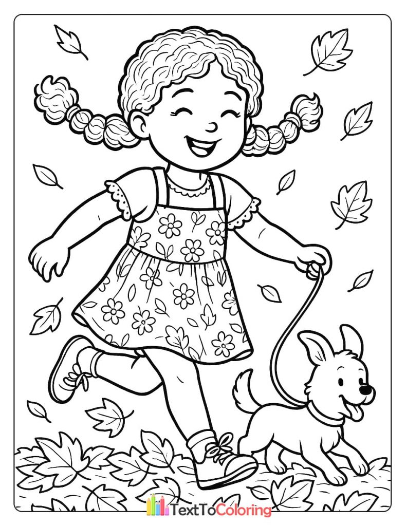 A joyful coloring page of a girl with her pigtails running with her dog through fallen autumn leaves.