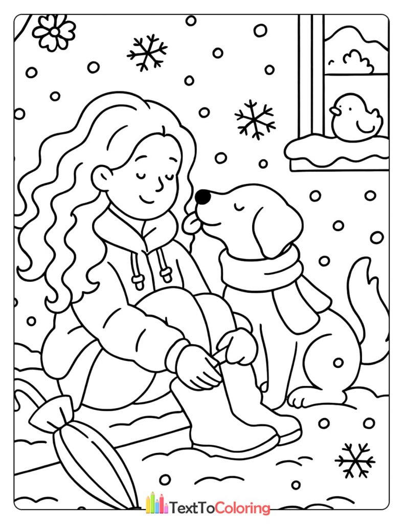 A girl and her dog sit together in a snowy scene with a bird on the windowsill.