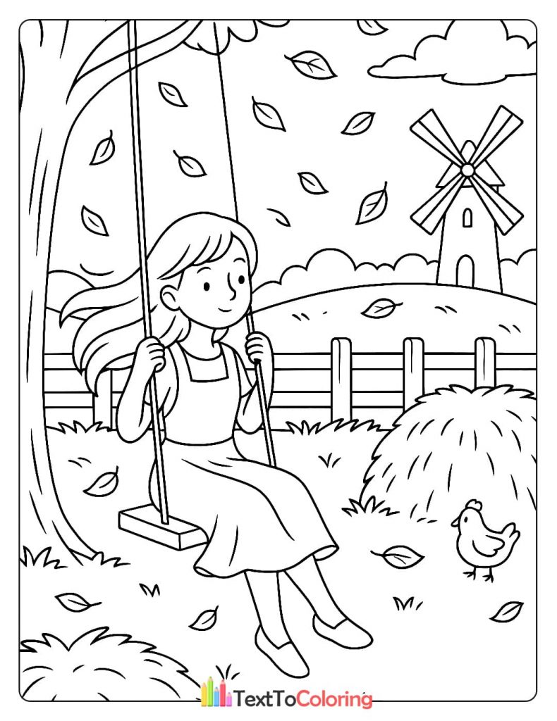A coloring page of a girl on a swing hanging from a tree, with autumn leaves falling around her. A windmill, a hay bale, and a chicken are in the background.