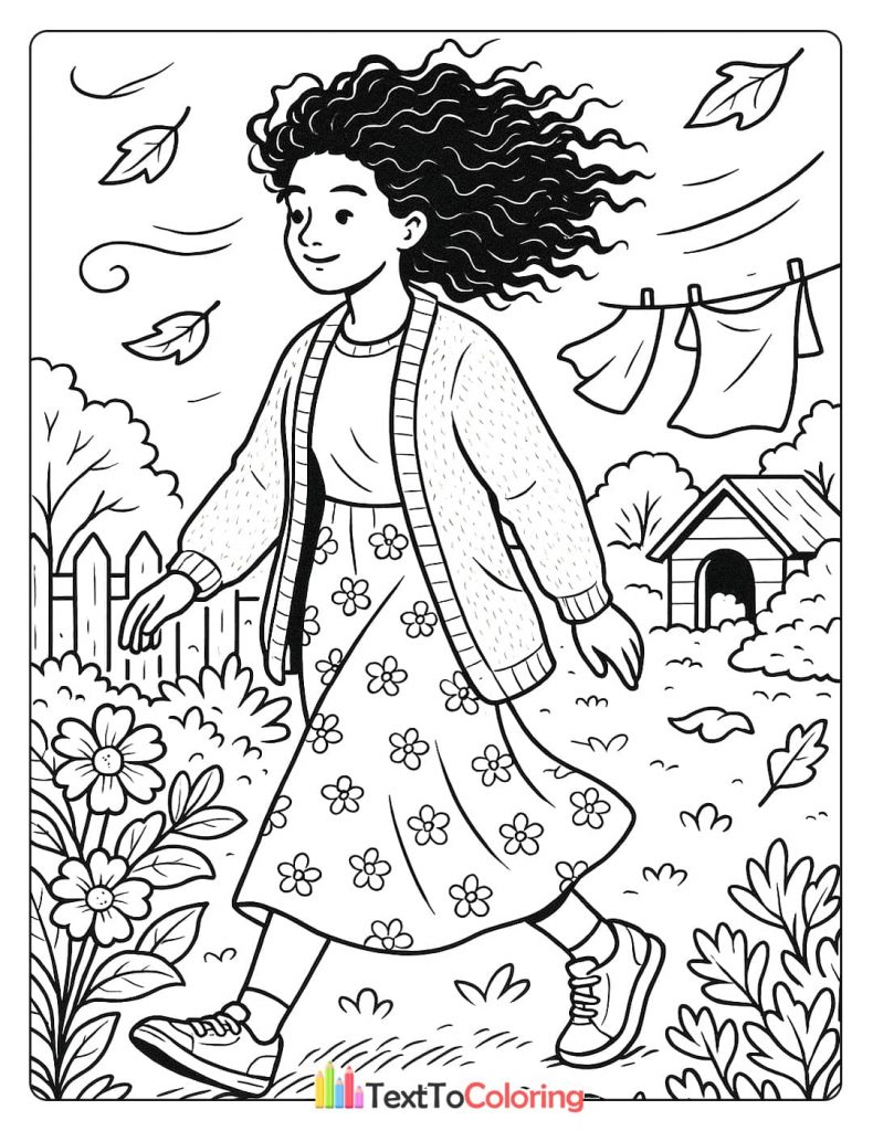 A girl with curly hair walking in an autumn yard with a doghouse and clothes on a line.