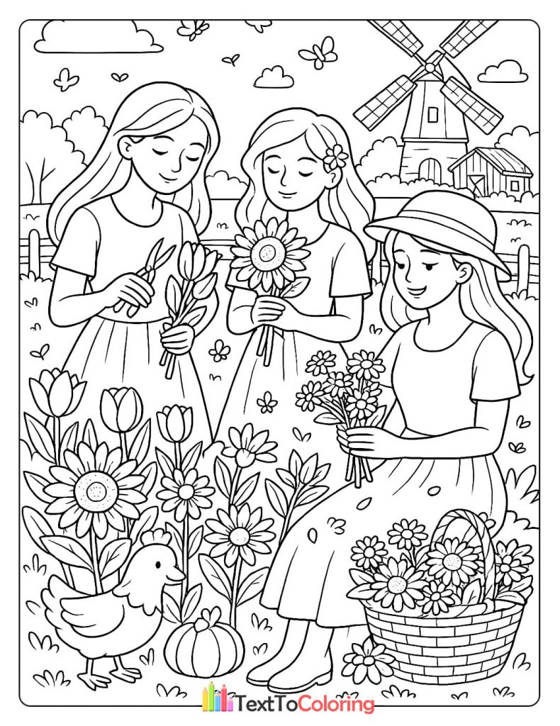 A coloring page of three girls in a flower garden. One girl is holding a sunflower, another is holding a bouquet of flowers, and the third is cutting flowers with a pair of shears. A chicken and a pumpkin are also in the foreground.