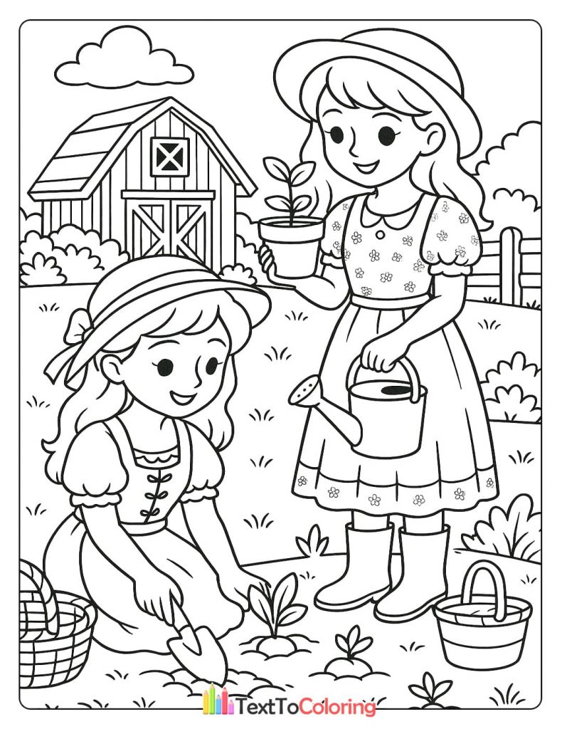 A coloring page of two girls gardening, with one girl planting a seedling with a trowel and another girl holding a potted plant and a watering can, in front of a barn.