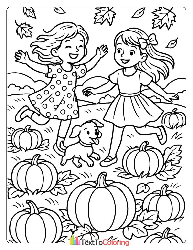 Two happy girls and a dog playing in a pumpkin patch, with autumn leaves falling around them.