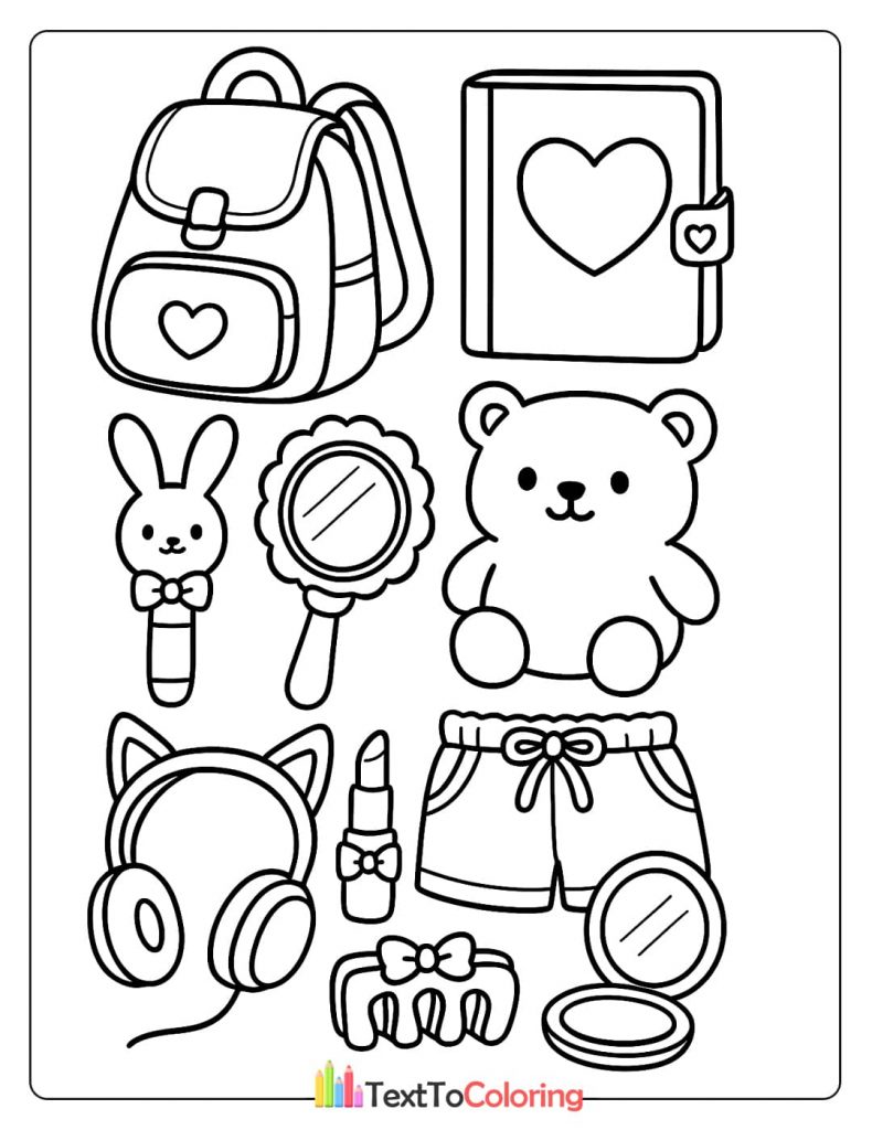 A collection of cute accessories for coloring, including a backpack, a teddy bear, headphones, and a pair of shorts.