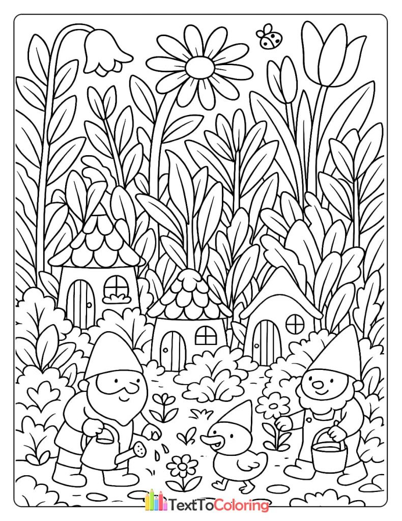 Whimsical coloring page of two gnomes gardening with a duckling and little gnome houses.