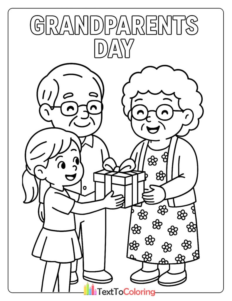 A young girl smiling and giving a wrapped gift to her happy grandparents. A special Grandparents Day celebration coloring sheet.