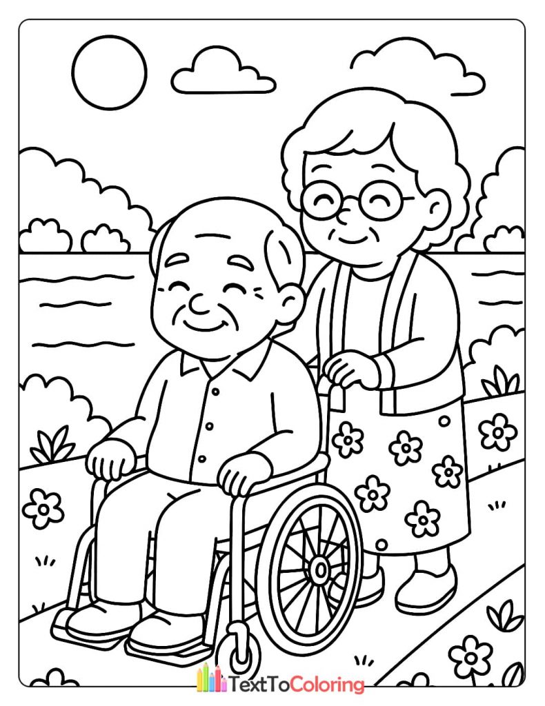A loving grandma pushing her grandpa in a wheelchair outdoors in a park. A supportive and caring coloring sheet.