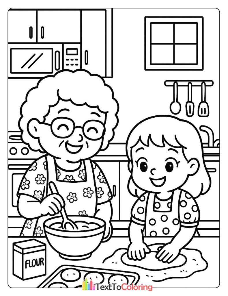 A grandmother and a young girl baking together in a kitchen, mixing ingredients and kneading dough. A sweet intergenerational activity coloring sheet.