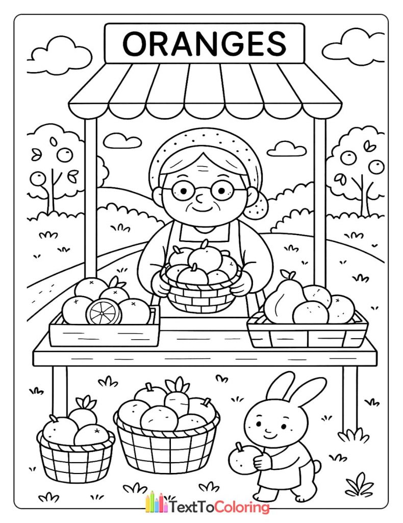 A printable coloring page of an old woman selling oranges and other fruits at her market stand, with a bunny shopping nearby.