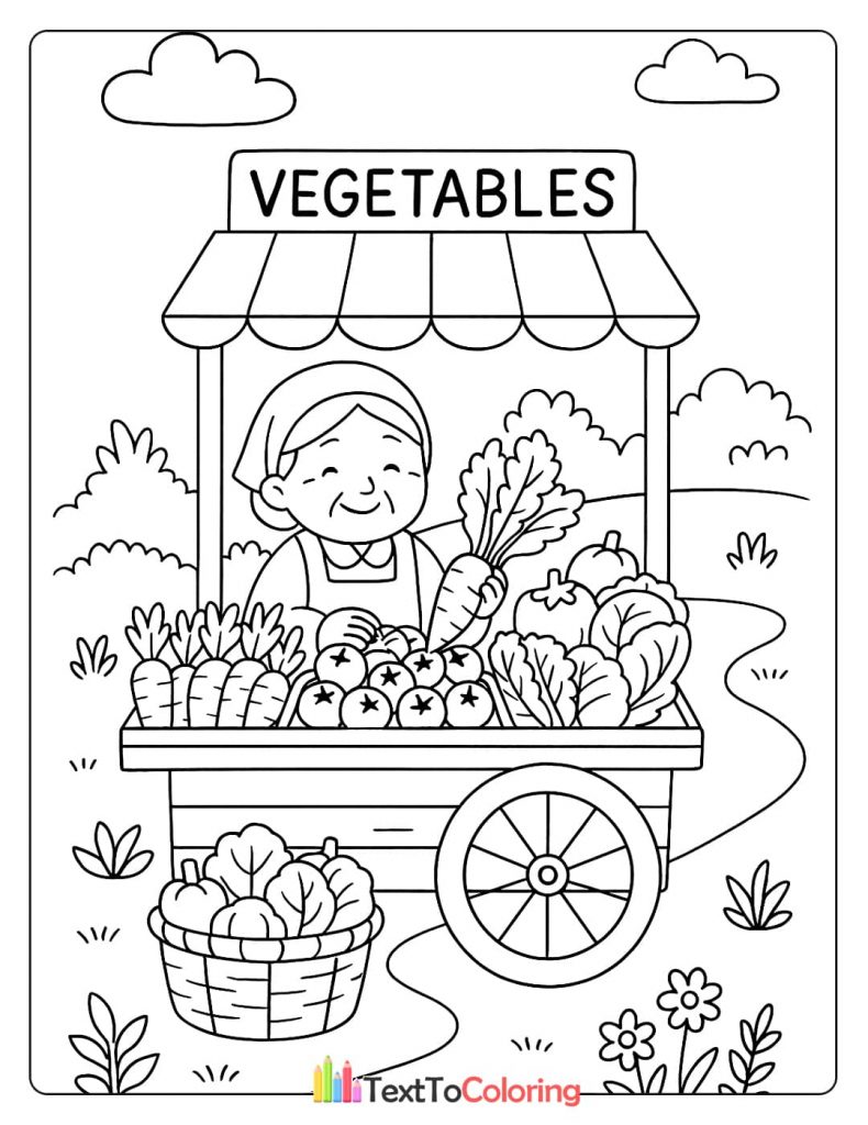 A printable coloring page of a kind grandmother selling a variety of fresh vegetables from her mobile cart.