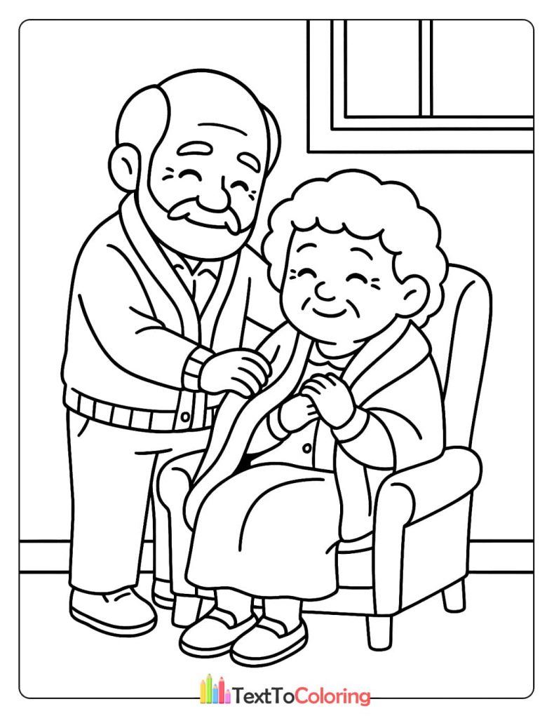 A grandpa standing behind an armchair, gently covering his grandma with a warm blanket. A caring and cozy scene coloring sheet.