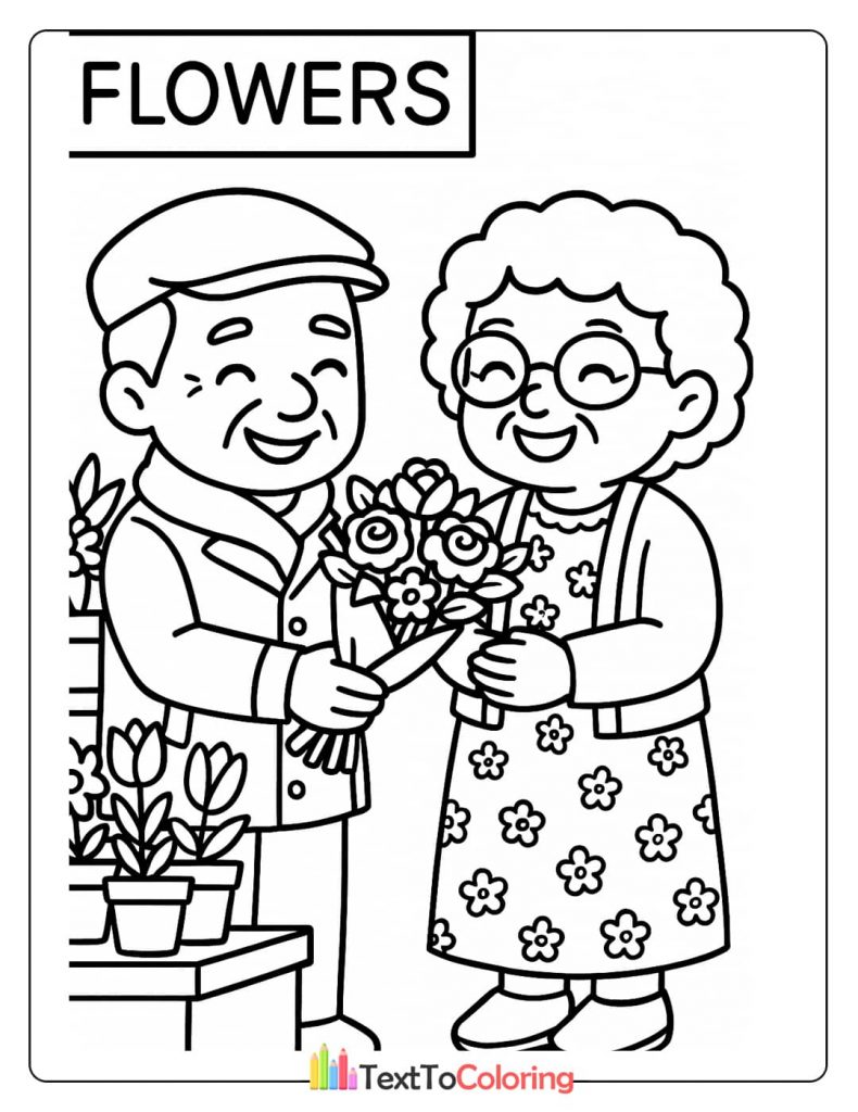 A happy grandpa giving a bouquet of flowers to his smiling grandma. A sweet gesture coloring sheet.