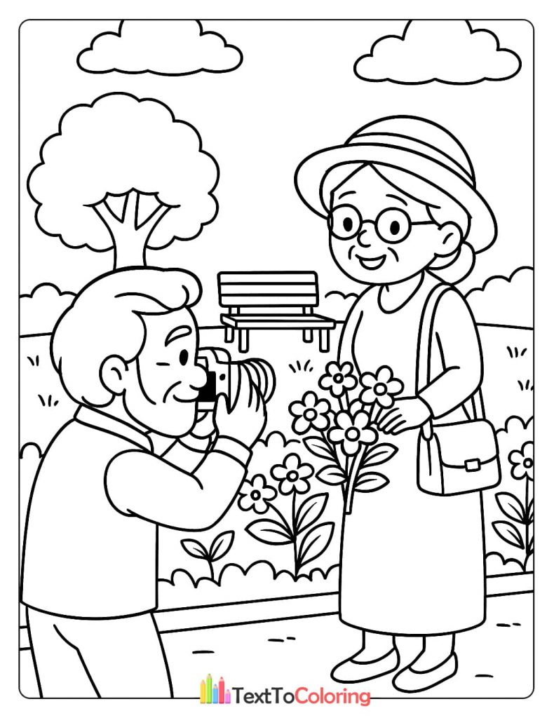A grandpa kneeling to take a picture of his grandma who is holding a bouquet of flowers in a park. A romantic and modern activity coloring sheet.