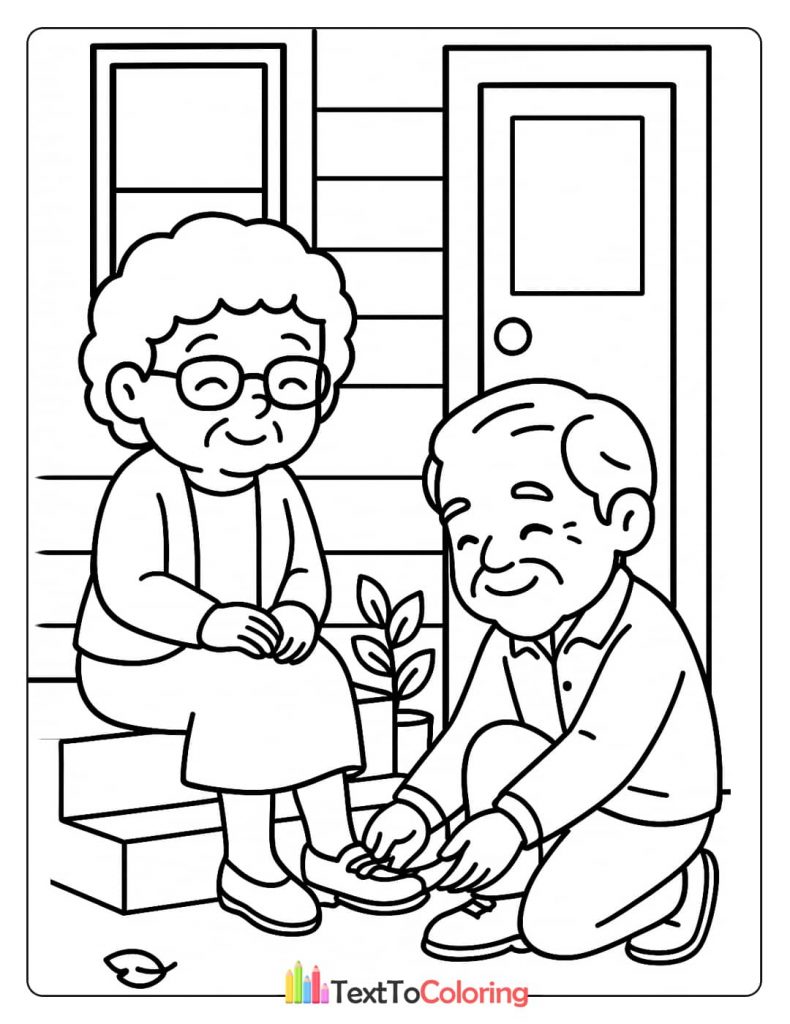 A thoughtful grandpa kneeling down to tie his grandma's shoe in front of a house. A caring and loving gesture coloring sheet.