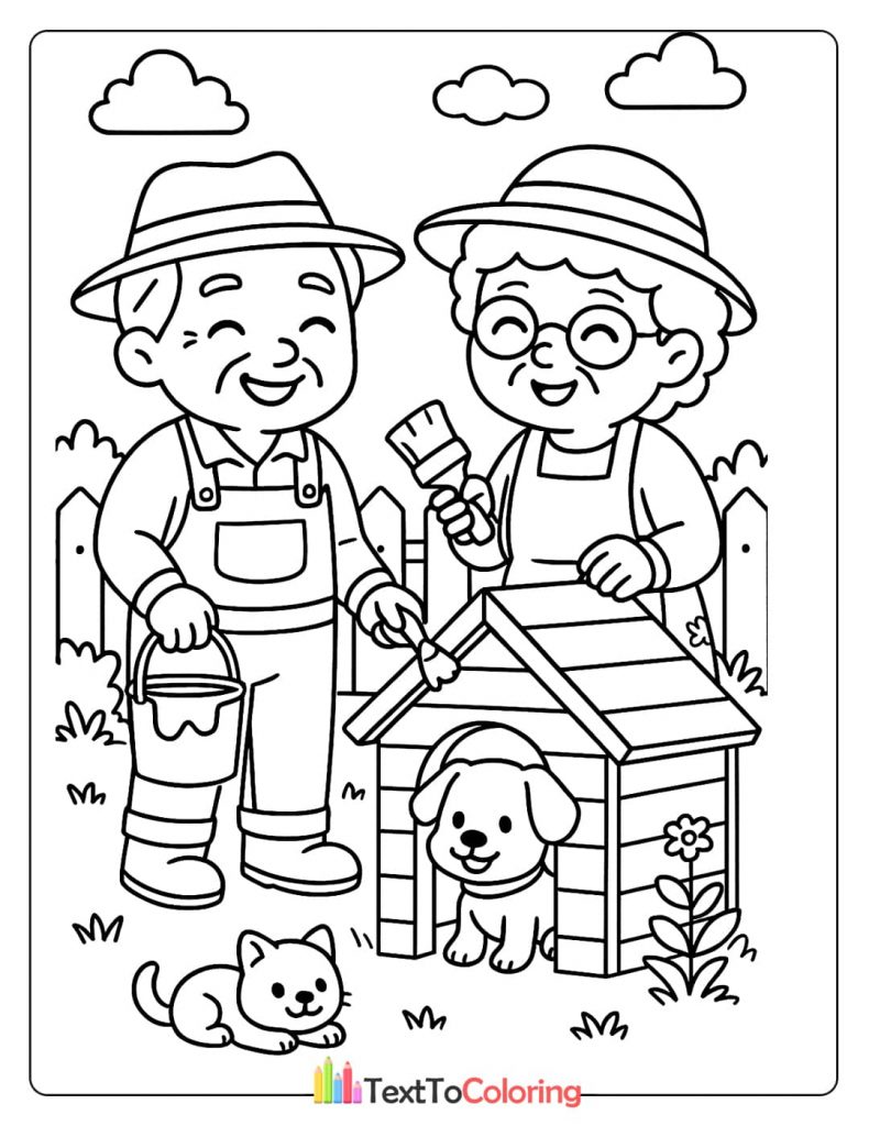 A grandpa and grandma working together to paint a doghouse with a puppy and a cat nearby. A cute pet-themed coloring sheet.