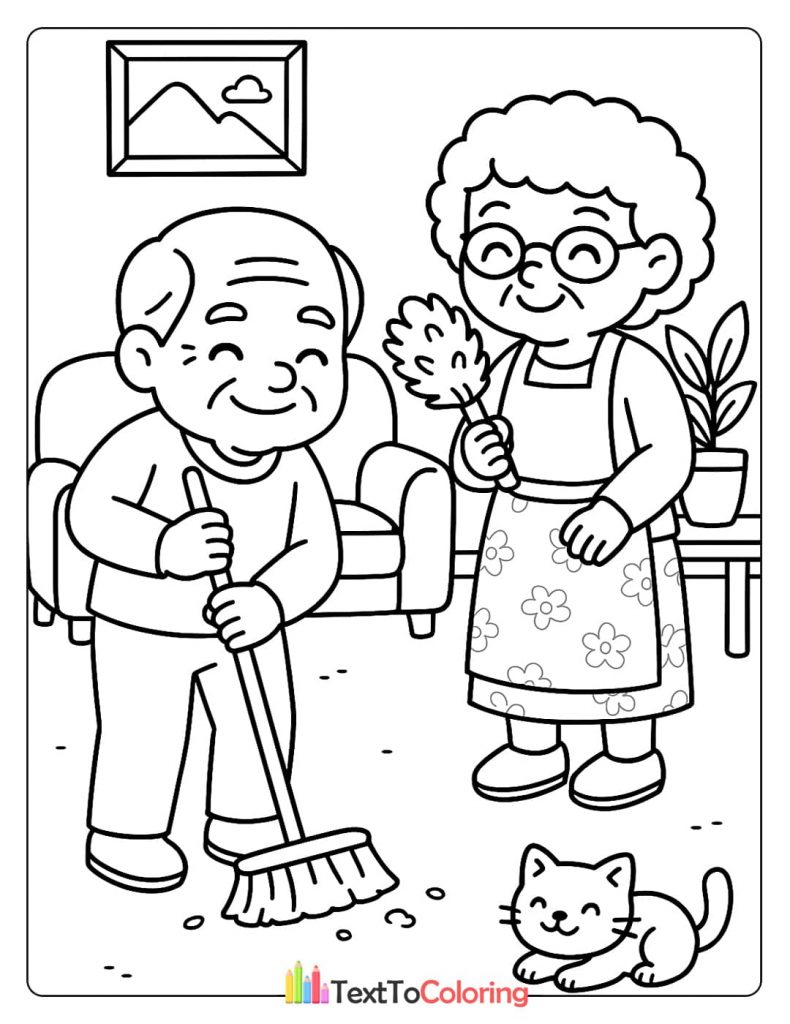 A grandpa sweeping and a grandma dusting with a cat nearby. A productive and happy home scene coloring sheet.